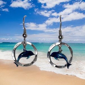 🎉Host Pick!🎉 Sterling silver dolphins jumping through hoops hang down earrings